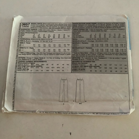 McCall's Sewing Pattern 3657 - Women's Pants- multi size pants pattern. - Picture 6 of 6